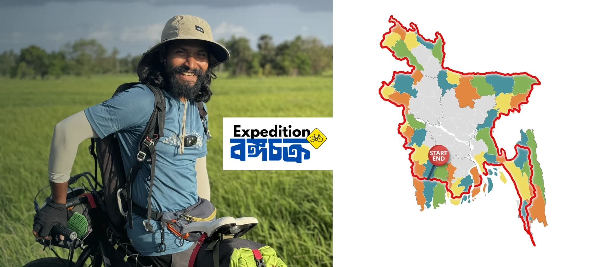 লোডেড এক্সপেডিশন সাইকেলসহ ইনতিয়াজ মাহমুদ এবং পাশে বাংলাদেশের প্রস্তাবিত বঙ্গচক্র রুট ম্যাপ