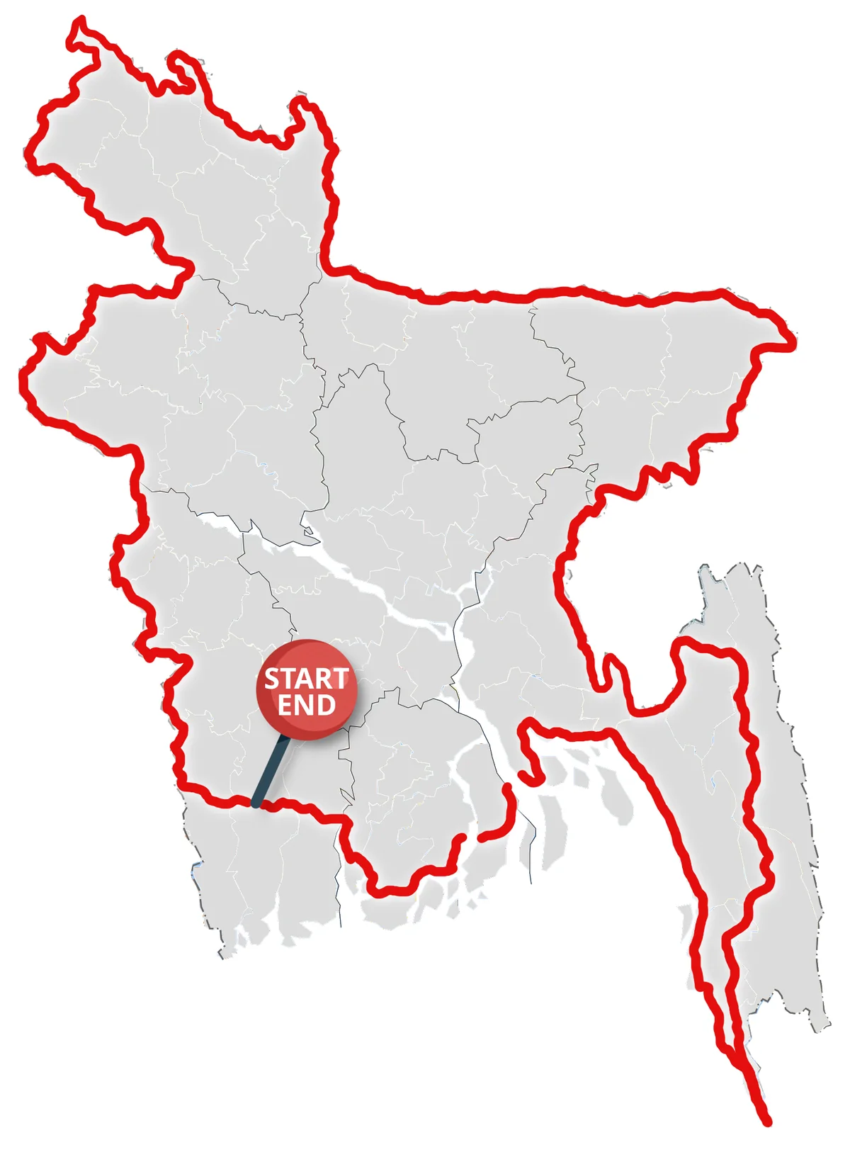 বাংলাদেশের চারপাশে প্রস্তাবিত বঙ্গচক্র সীমান্ত সাইকেল রুটের আউটলাইন ম্যাপ
